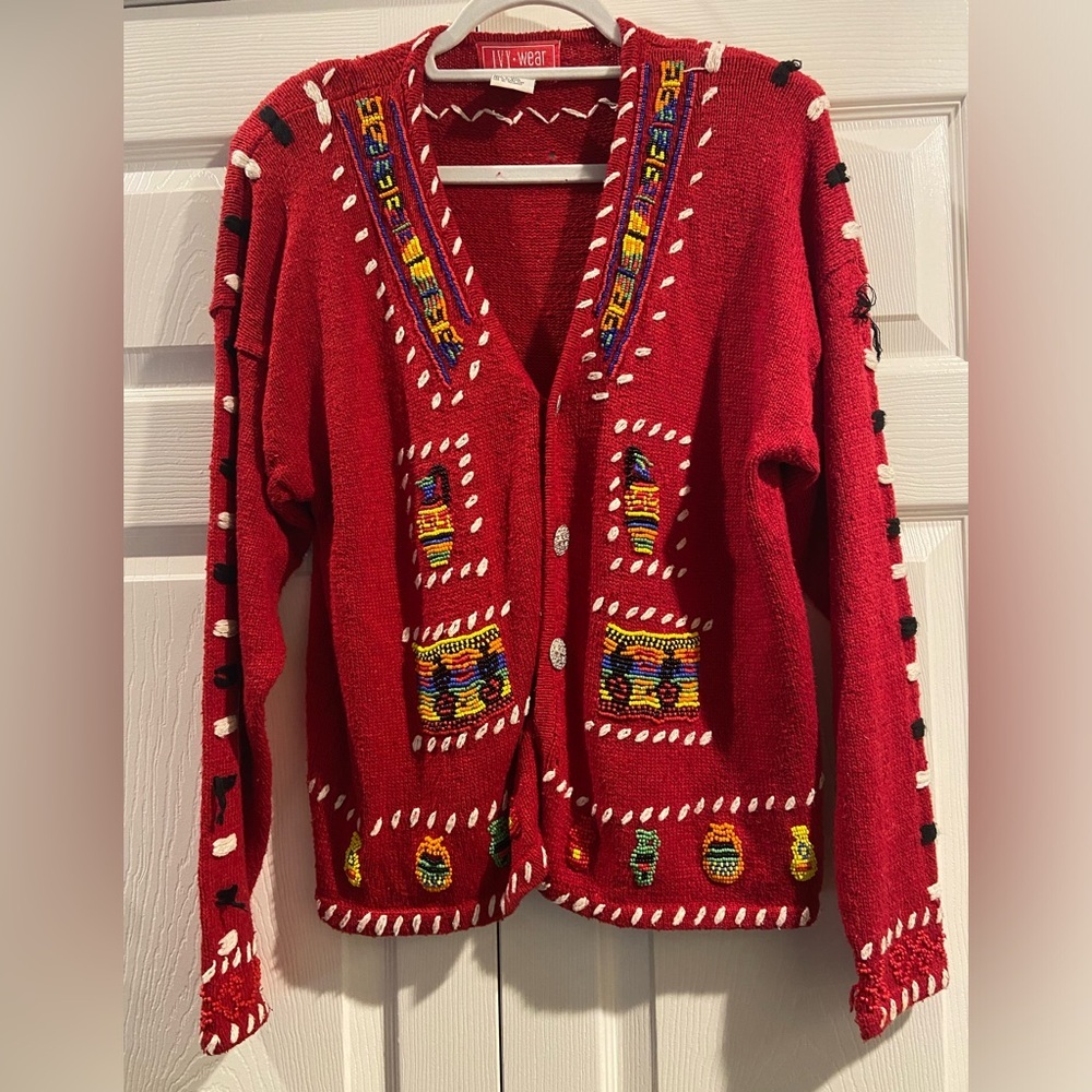 Vtg Ivy-Wear Beaded Red Sweater Native American Silk Blend Southwest Pocket Sz M